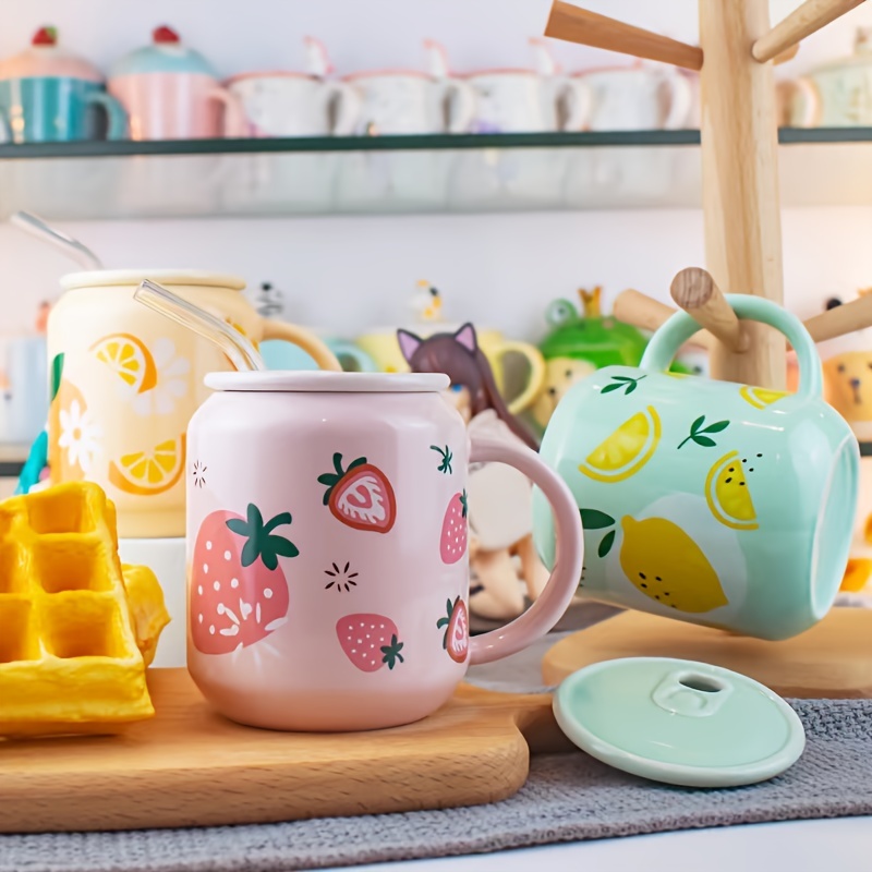 Cute Fruit Ceramic Cup Straw, Cute Strawberry Coffee Mug