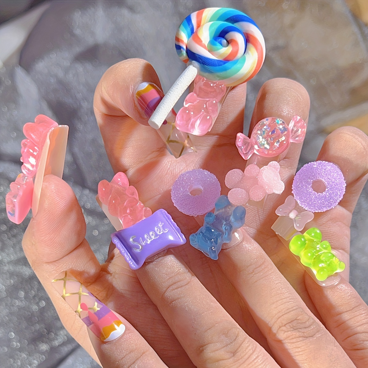 yolai 50pcs 3d gummy candy nail charms colorful sugar gummie candy lollipop  cute kawaii 3d nail art charms for nail art designs diy crafting  accessories 