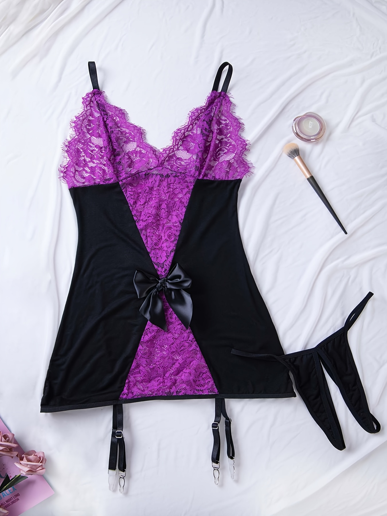 Contrast Lace Lingerie Set V Neck Backless Bow Slip Dress - Temu