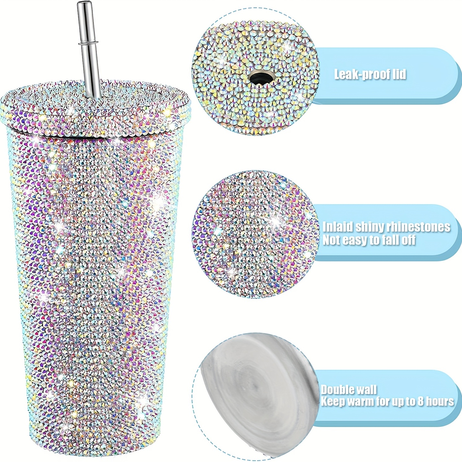 Shiny Rhinestone Tumbler With Handle,stainless Steel Insulated Travel  Coffee Mug Double Wall Leak Resistant Vacuum Tumbler With Straw Portable  Tumbler, Summer Drinkware, Home Kitchen Items, Birthday Gifts Back To  School Supplies 