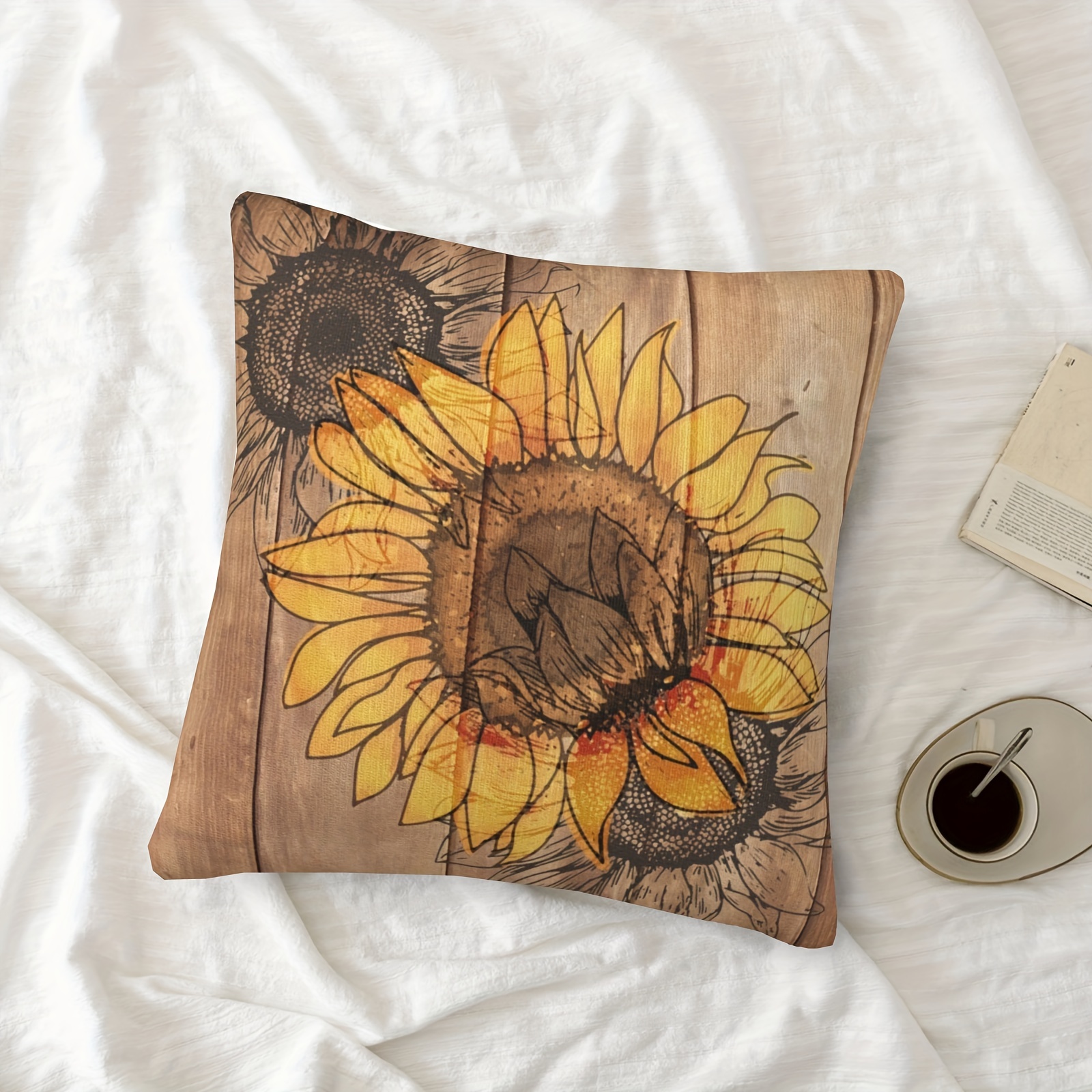 Set of 4 Pillow Covers 18x18, Country Sunflowers Farmhouse Cotton Linen  Fabric, Retro Yellow Flower with