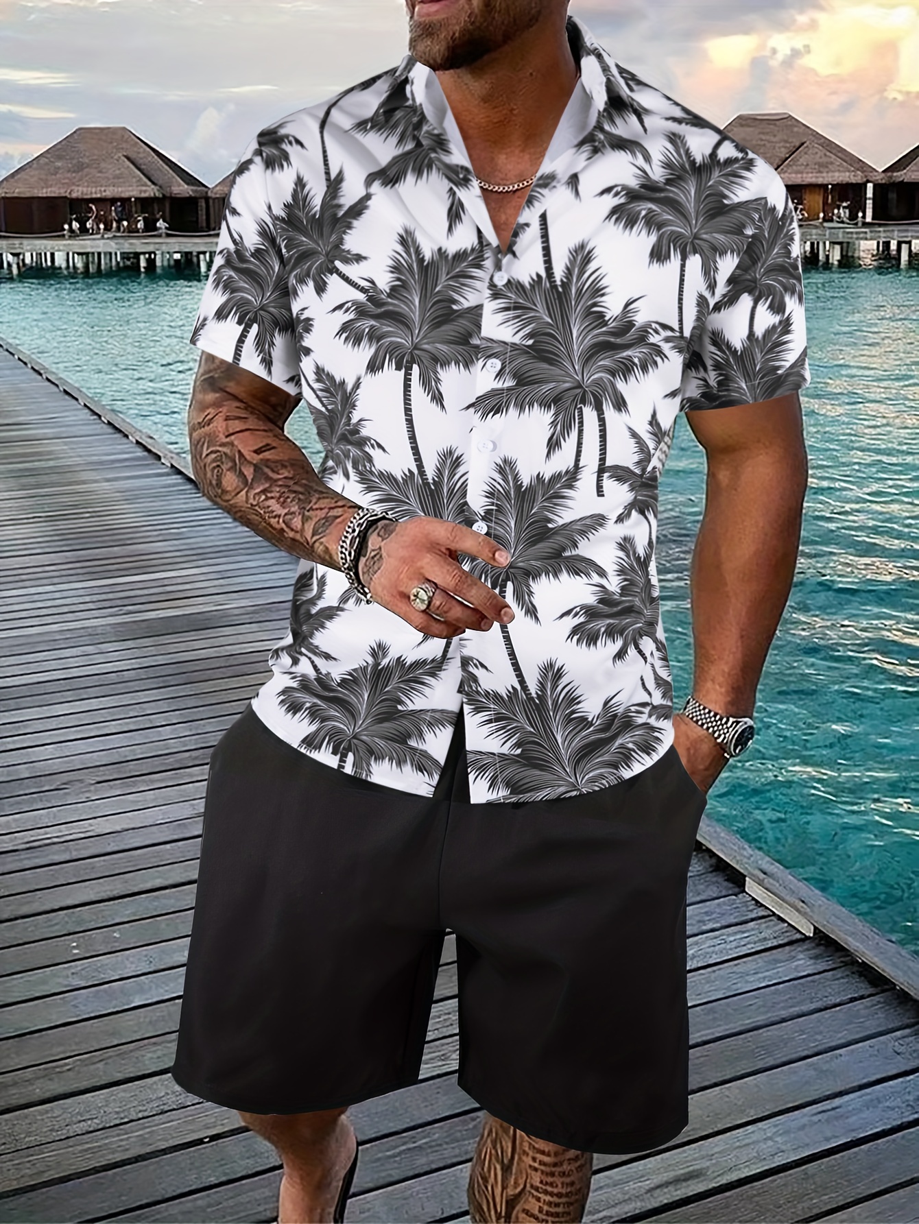 Temu Plus Size Coconut Trees Print Men's Vacation Shirt Shorts Set for Summer, Hawaiian Style Oversized Graphic 2pcs Outfits for Big & Tall Guys , Men