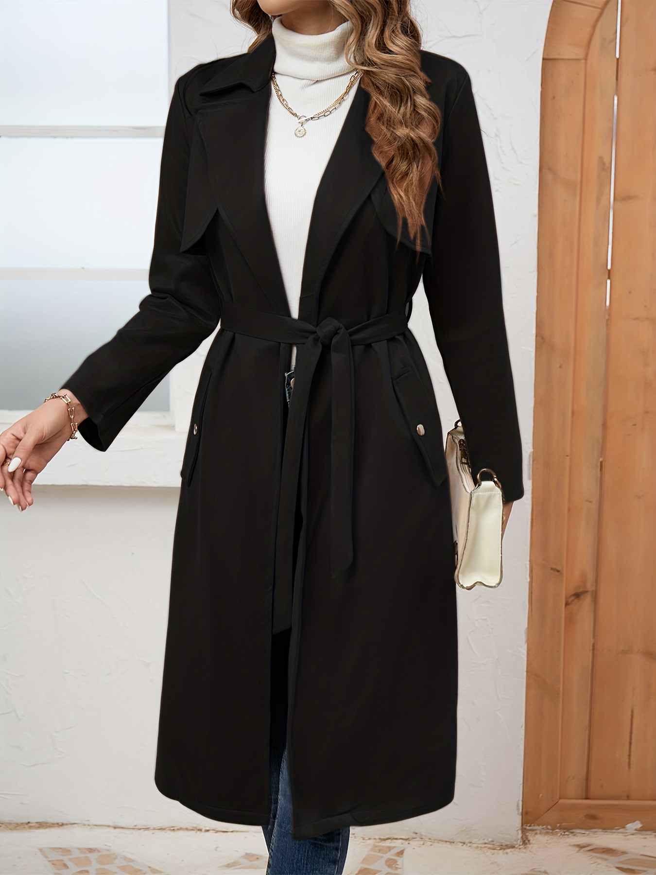Comfy Belted Trench Coat, Elegant Lapel Neck Long Sleeve Coat, Women's  Clothing