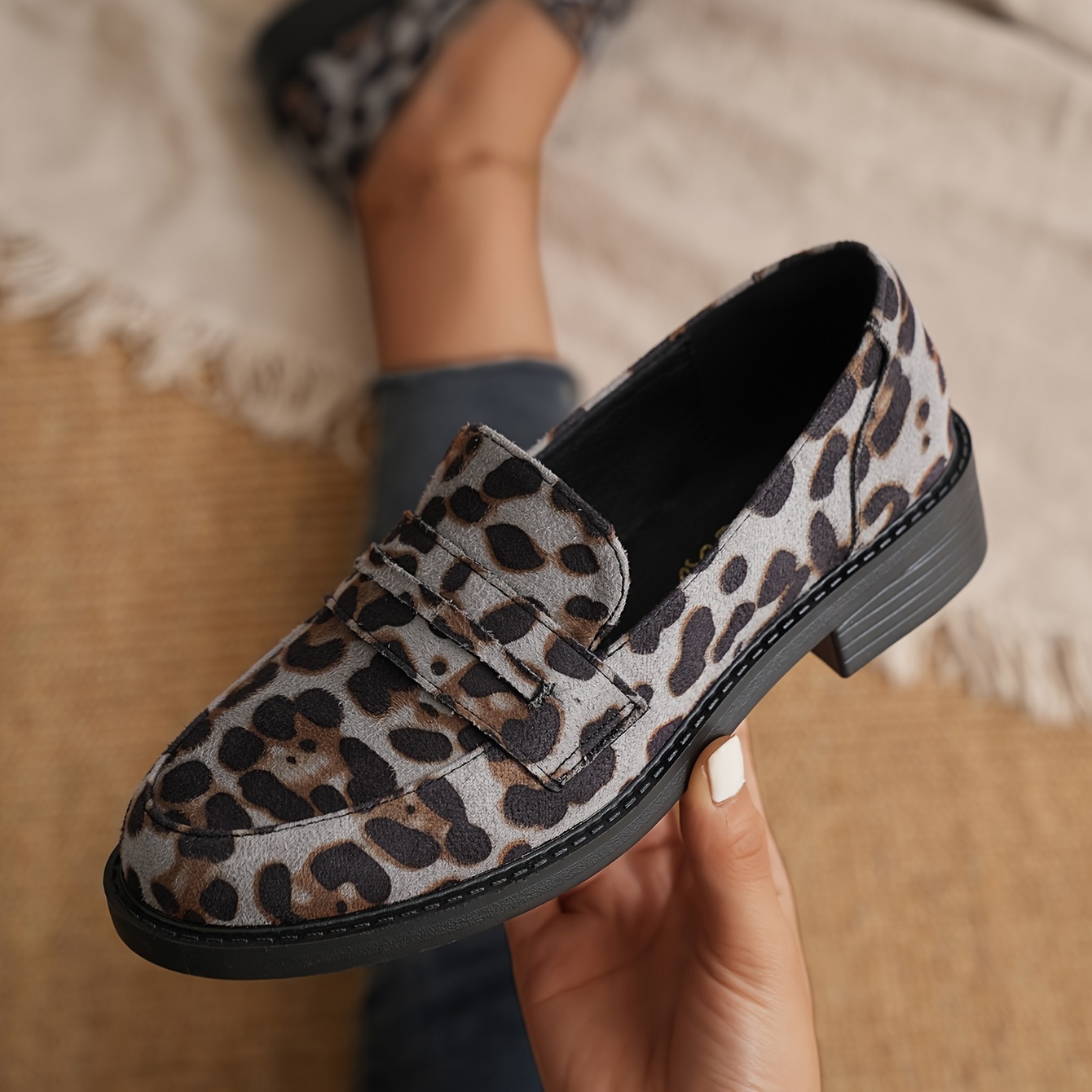 Women's Leopard Print Chunky Low Heel Loafers Fashion Slip - Temu