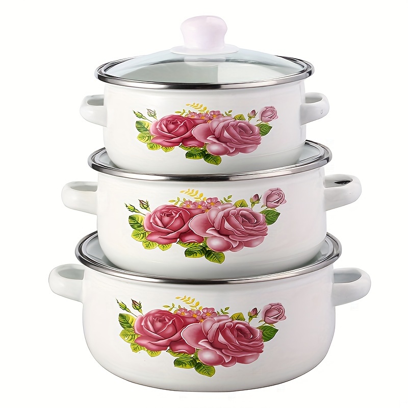 Rose Paradise Enamel Cooking Pots, 2, 3 and 4 Liters, Kitchen