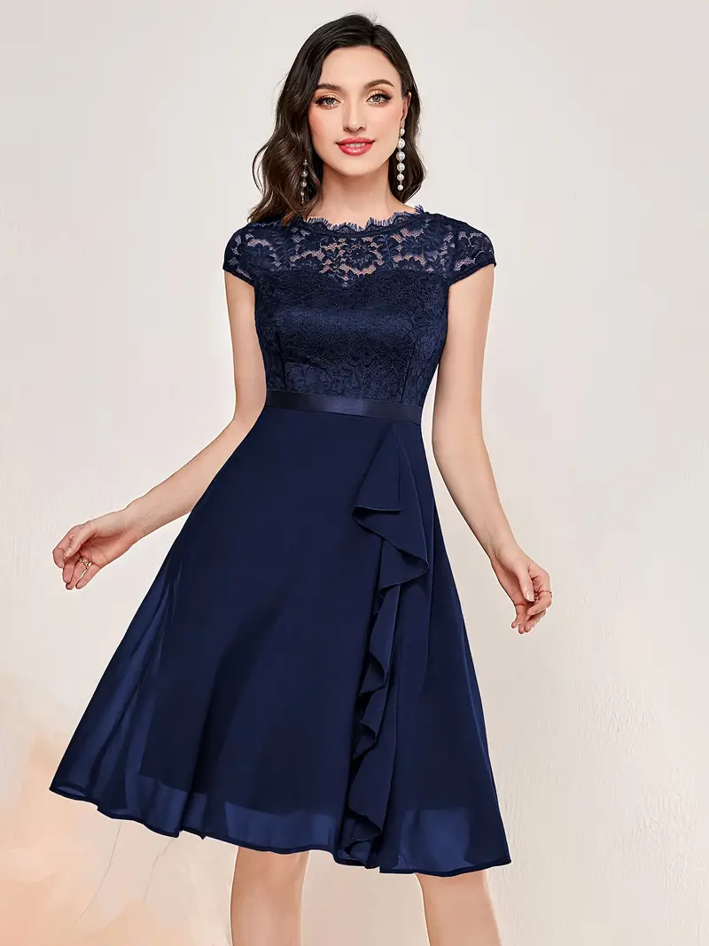 contrast lace ruffle trim party dress elegant solid crew neck short sleeve wedding dress homecoming dress womens clothing details 36