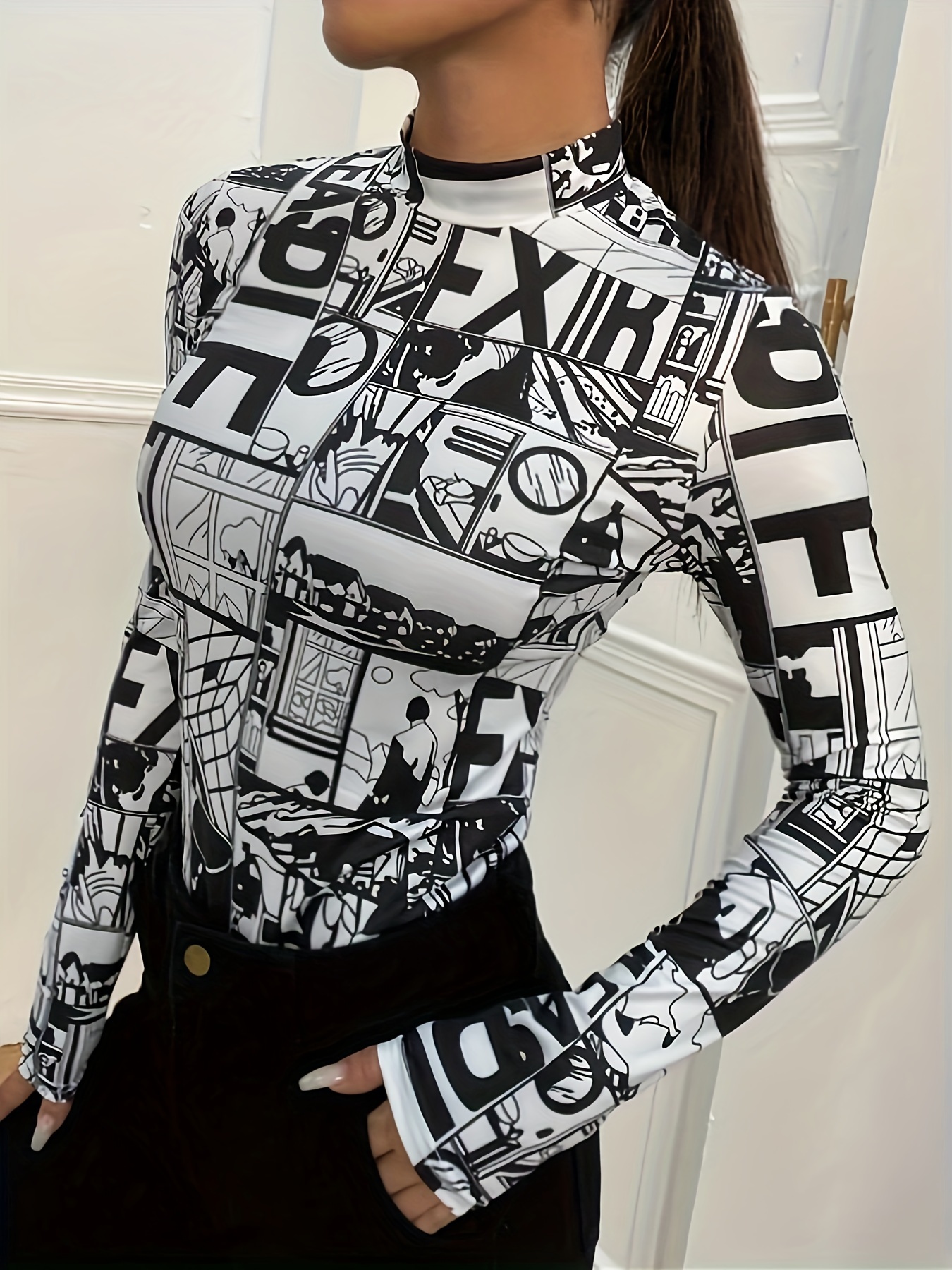 Y2k Anime Print T shirt Long Sleeve High Neck Casual Top - Temu