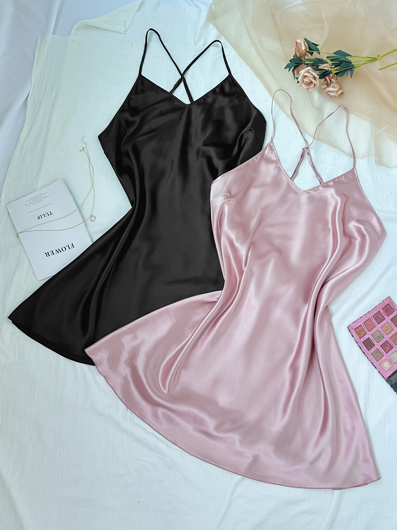 Satin Sleep Set Lace Trim Slip Dress + Cami Top + Ruffle - Temu