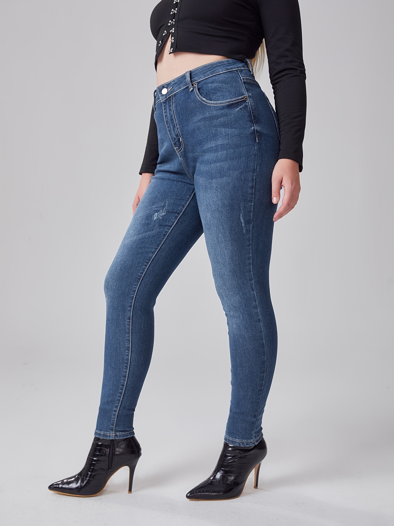 Jeans Ajustados Botones Tiro Alto Talla Pantalones - Temu