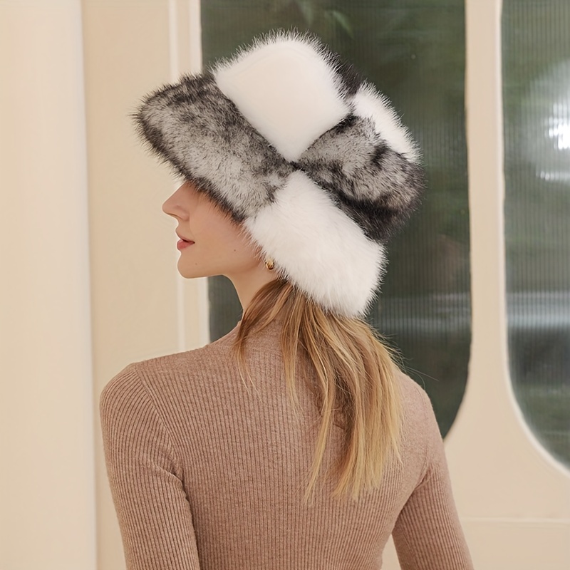 Large Faux Fur Bucket Hat Vintage Color Block Thick Furry - Temu