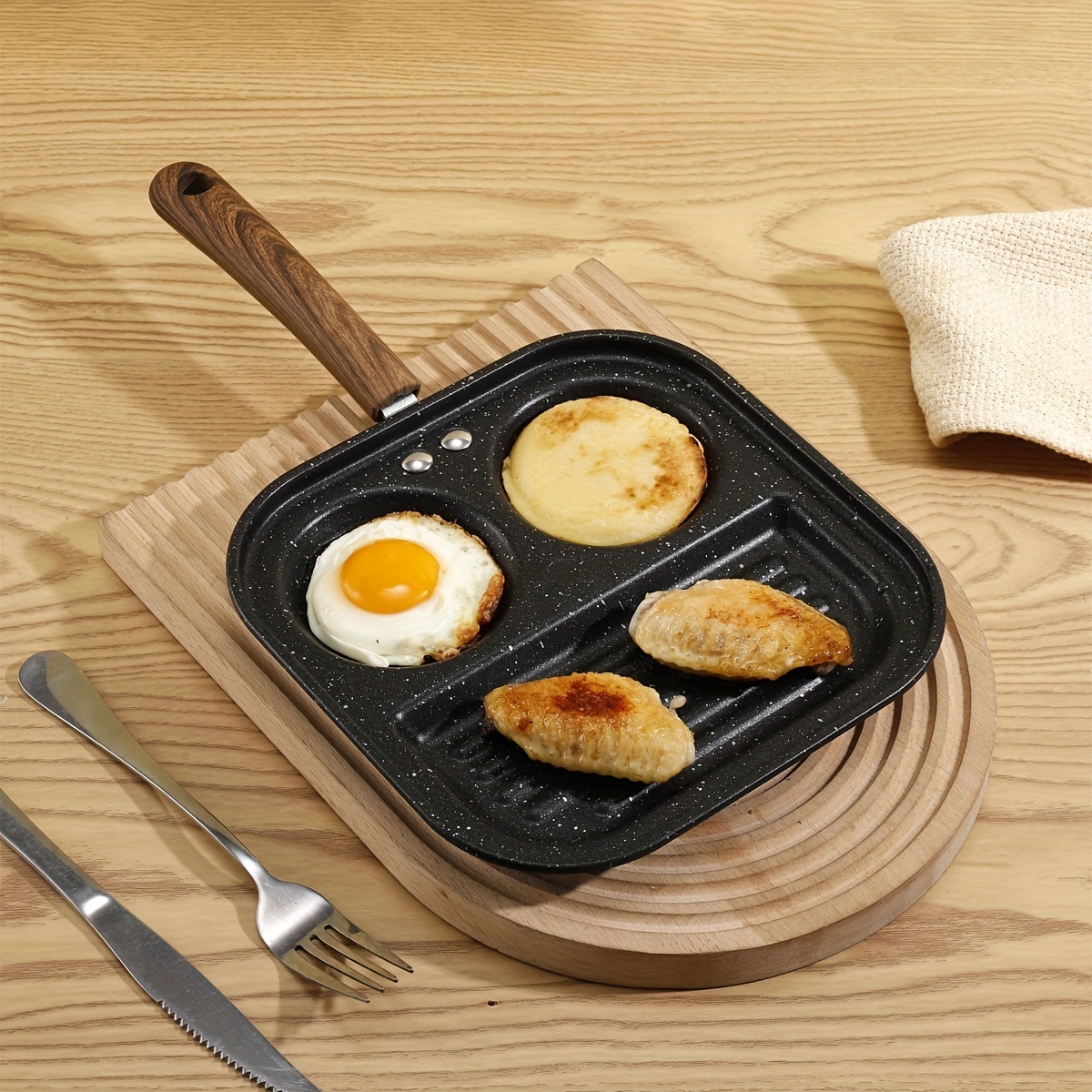1pc, Square Frying Pan (8.46''), Non-Stick Cast Iron Fried Egg Pan, 3  Section Pancake Pan, For Gas Stove Top And Induction Cooker, Kitchen  Utensils, K