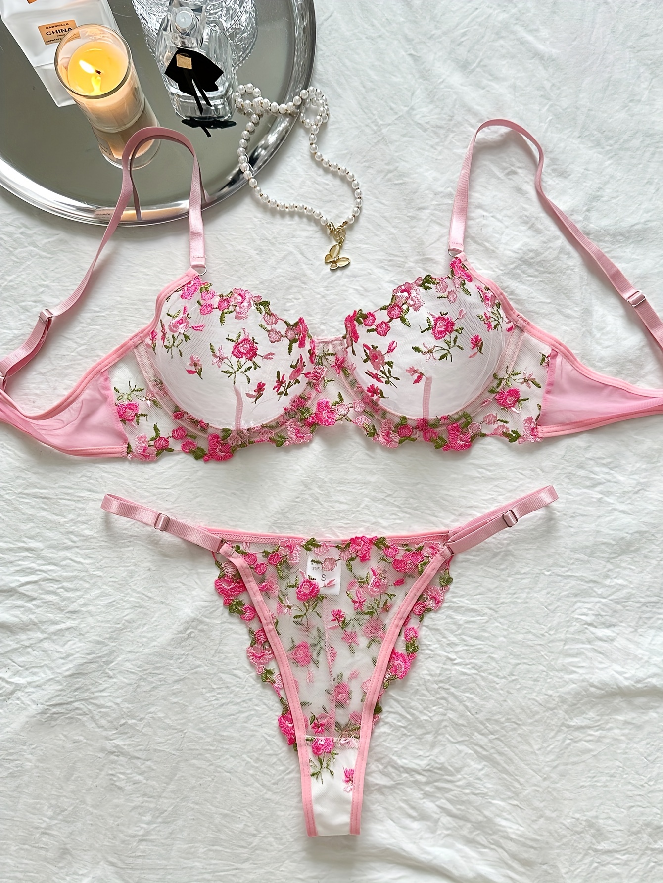 Floral Embroidery Lingerie Set Mesh Unlined Bra Sheer Thong - Temu Canada