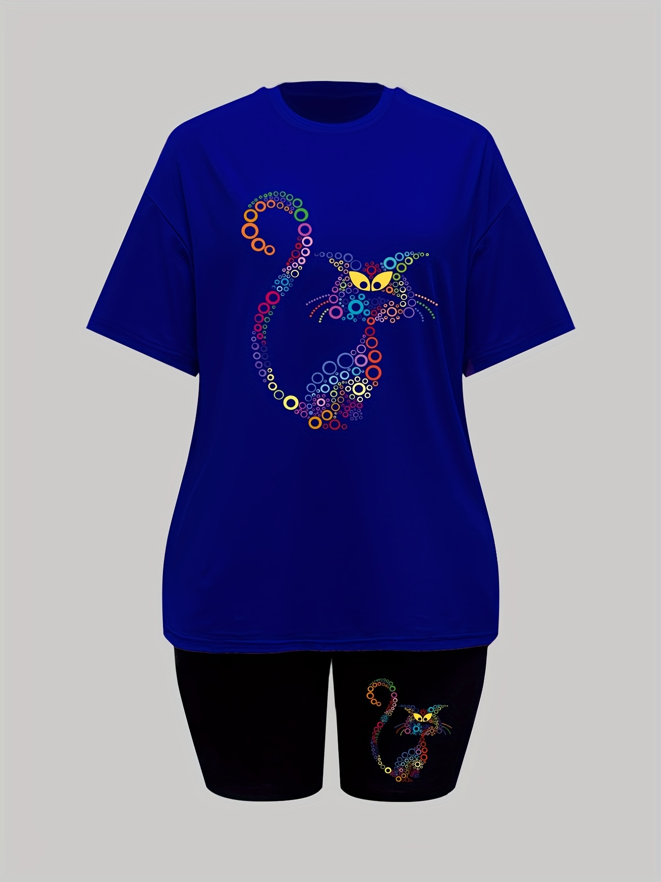 Circle Cat Print Lounge Set Short Sleeve Top & Shorts Women's Loungewear