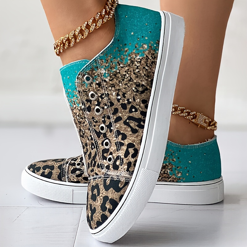 womens leopard print canvas shoes fashion low top ombre flat sneakers casual walking shoes details 1