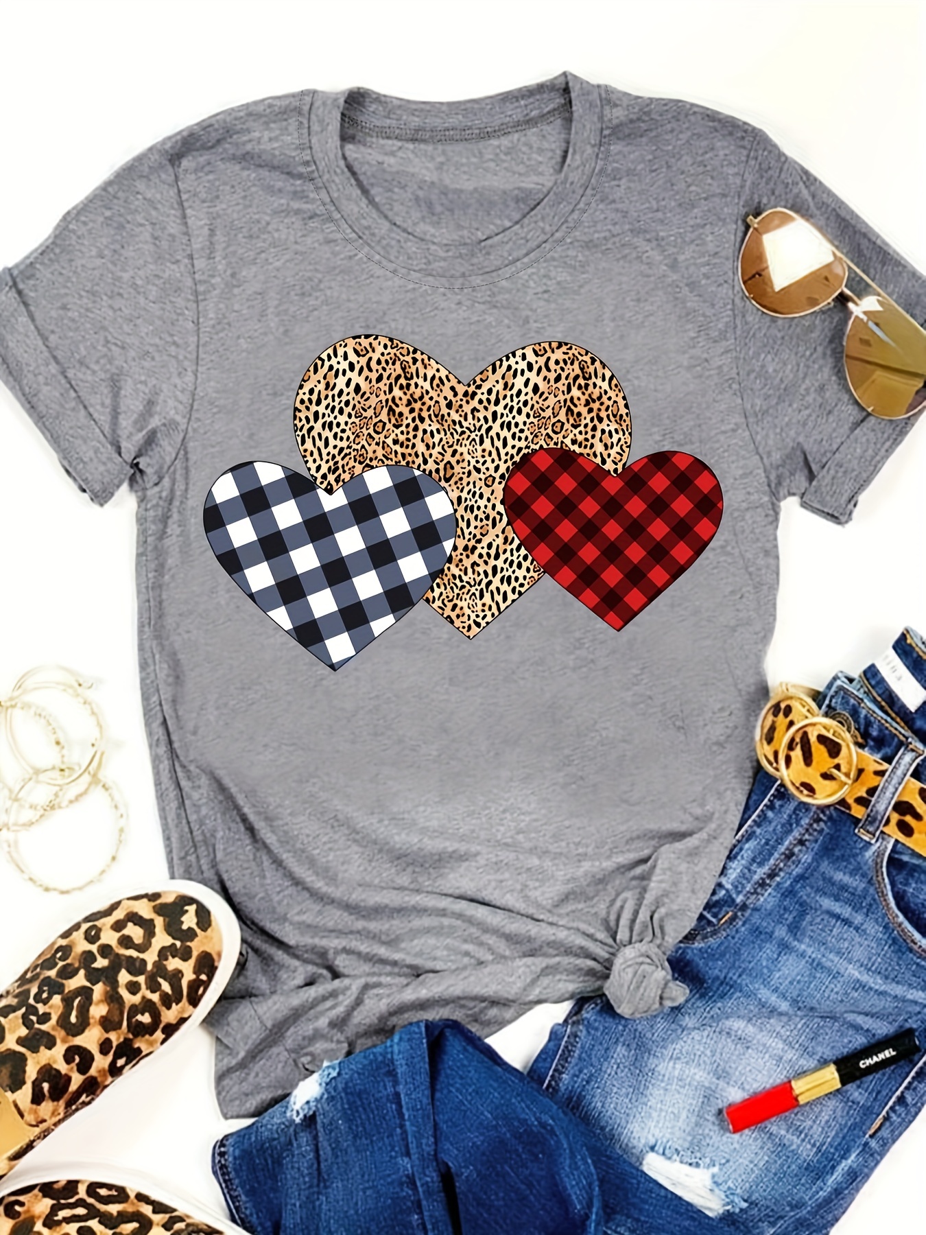 Camiseta De Cuadros De Búfalo Y Corazón De Leopardo, Camiseta