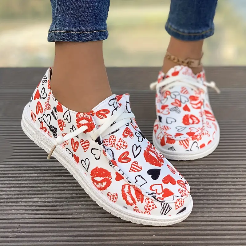 Women's Lip & Heart Print Canvas Shoes, Casual Lace Up Outdoor Shoes,  Lightweight Low Top Valentine's Day Sneakers, Shop Now For Limited-time  Deals