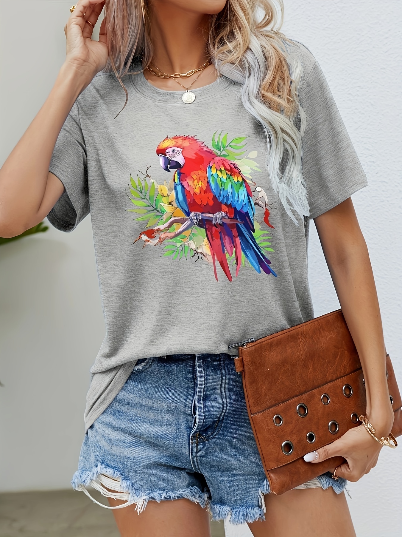 Vrolijke Vogels Print Casual T Shirt Ronde Hals Korte Mouw T Shirt Voor Lente Zomer Dameskleding