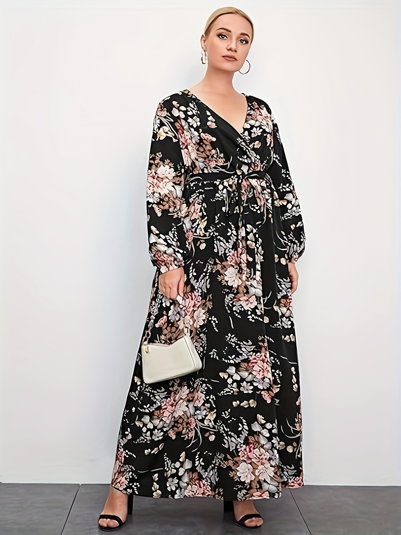 Plus Size Casual Dress, Women's Plus Floral Print Long Sleeve Surplice Neck  Midi Dress