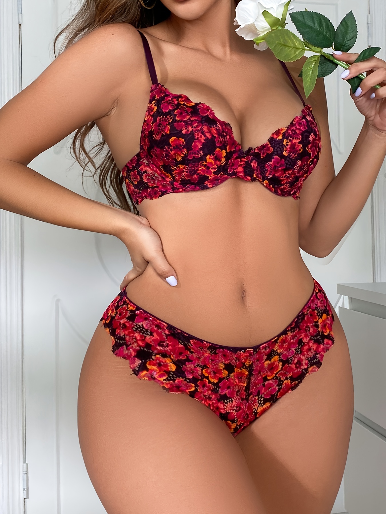 Floral Printed Lace Bra Set Valentines Gifts Push Underwire - Temu Canada