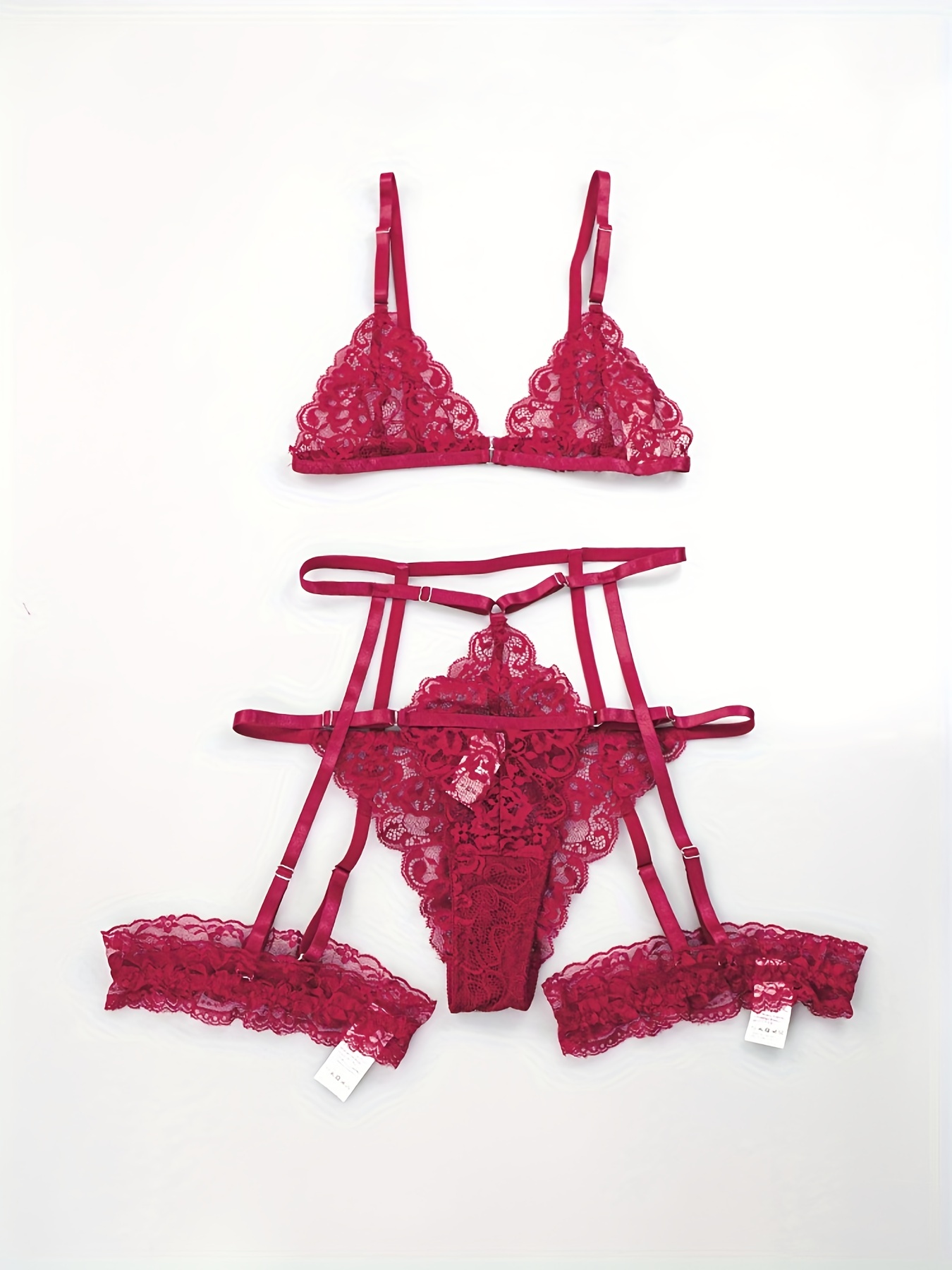 Red Floral Scalloped Edge 3X Piece Lingerie Set