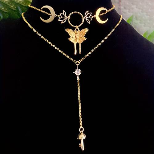 bohemian style golden alloy necklace with moon moth and star pendant synthetic zirconia accents elegant chain for women 15