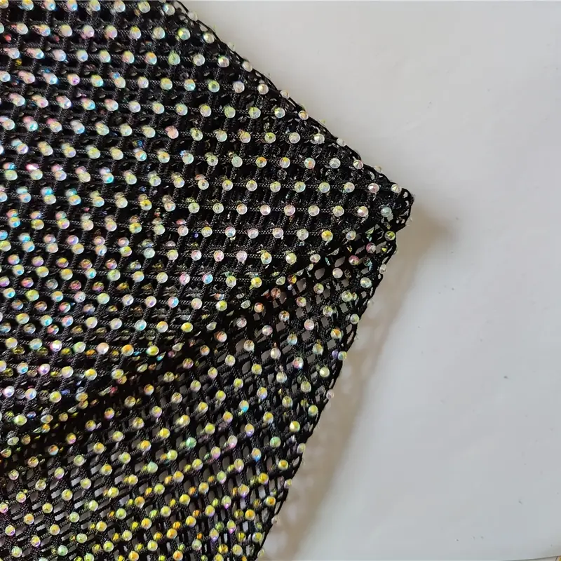 Exquisite AB Color Rhinestone Fabric Stretchy Mesh (15 inch by 12 inch,  Black)
