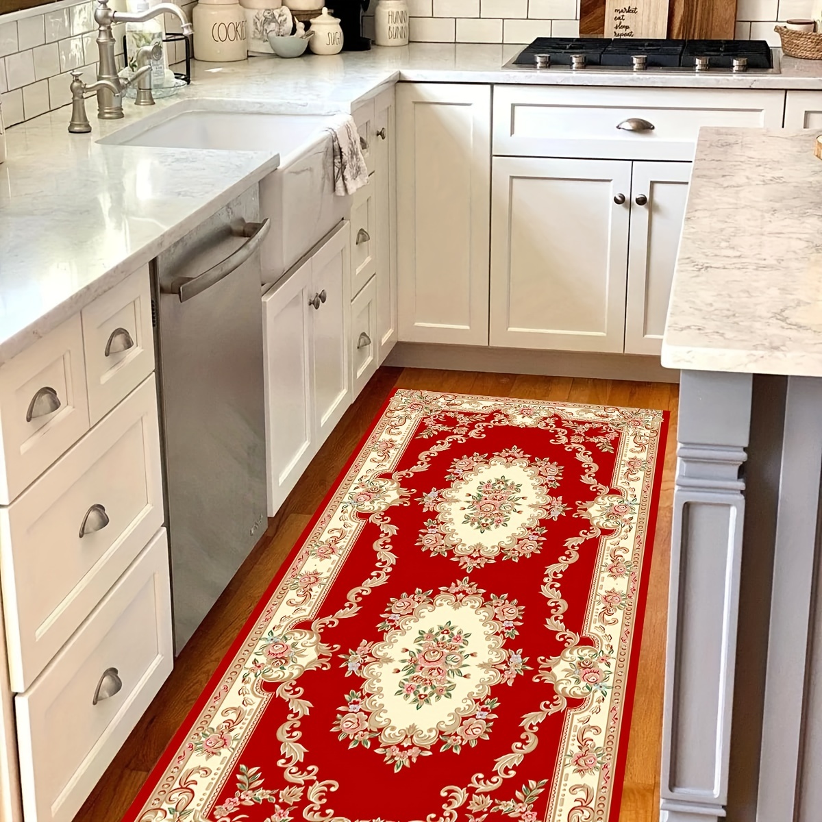 1pc Bohemian Style Colorful Geometric Pattern Carpet And 2pcs Farmhouse Kitchen  Sink Mats, Non-slip Water Absorbent Anti-stain Kitchen Laundry Area Rug