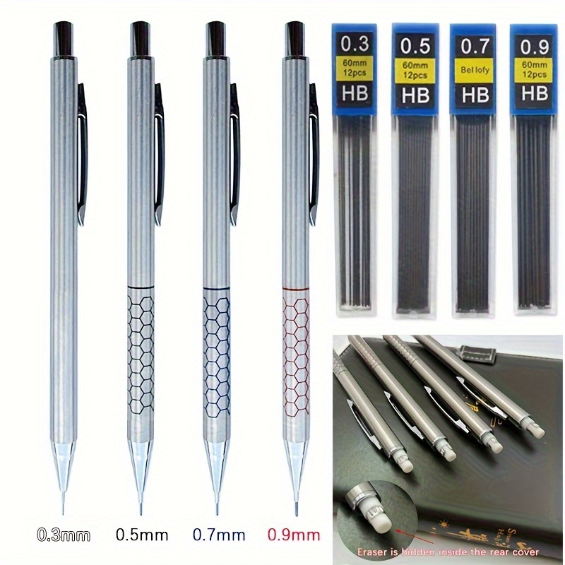 Joyberg 4 Pack Metal Mechanical 0.5mm, 0.7mm, Lead Pencil with 30 HB Lead  Refills 0.5 & 30 HB Lead Refills 0.7 & 2 Erasers, Drafting Pencil Set with