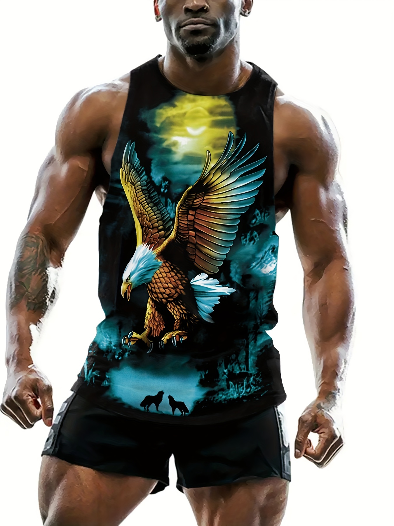 Stylish Eagle Pattern Print Men's Casual Tank Top Bottoming Fitness  Training Sports Vest Sleeveless T-shirt For Summer