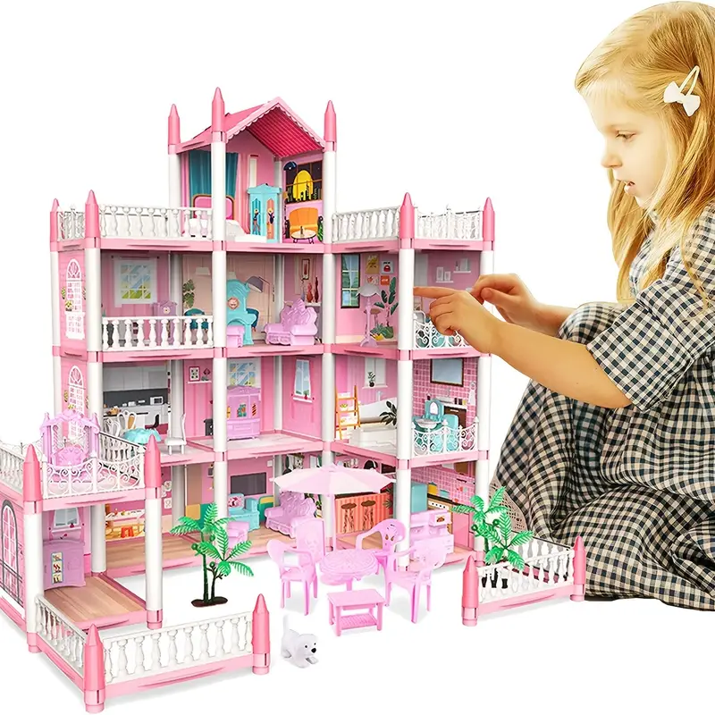 Doll set contains 11 rooms and furniture accessories. Pink children's doll  house toy house DIY pretend games to build assembled toys, suitable for bir