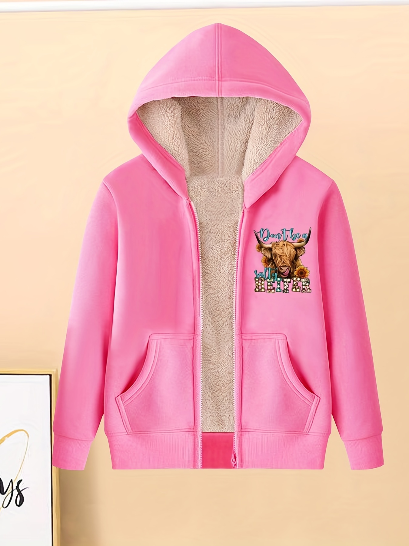 Girls Warm Fleece Lined Zip Jacket With Pocket, Yak Graphic