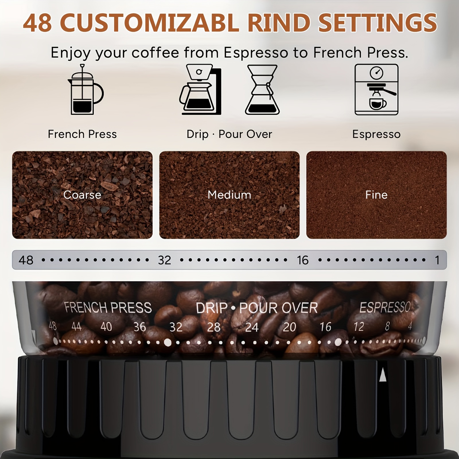 Electric Conical Burr Coffee Grinder With Anti-static, Touchscreen, Adjustable  Burr Grinder, 48 Precise Grind Settings, 2-12 Cups, With Electronic Timer  For Restaurant, Matte Black - Temu Japan