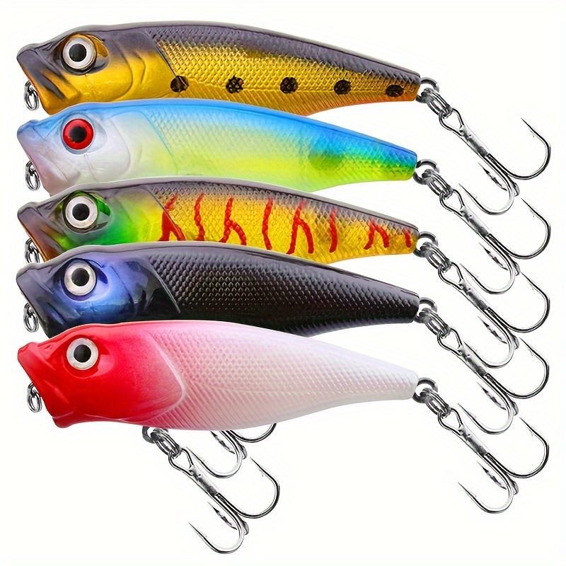5pcs Popper Fishing Lure Kit, Floating Lure With Steel Ball Inside,  Artificial Hard Bait With Treble Hook