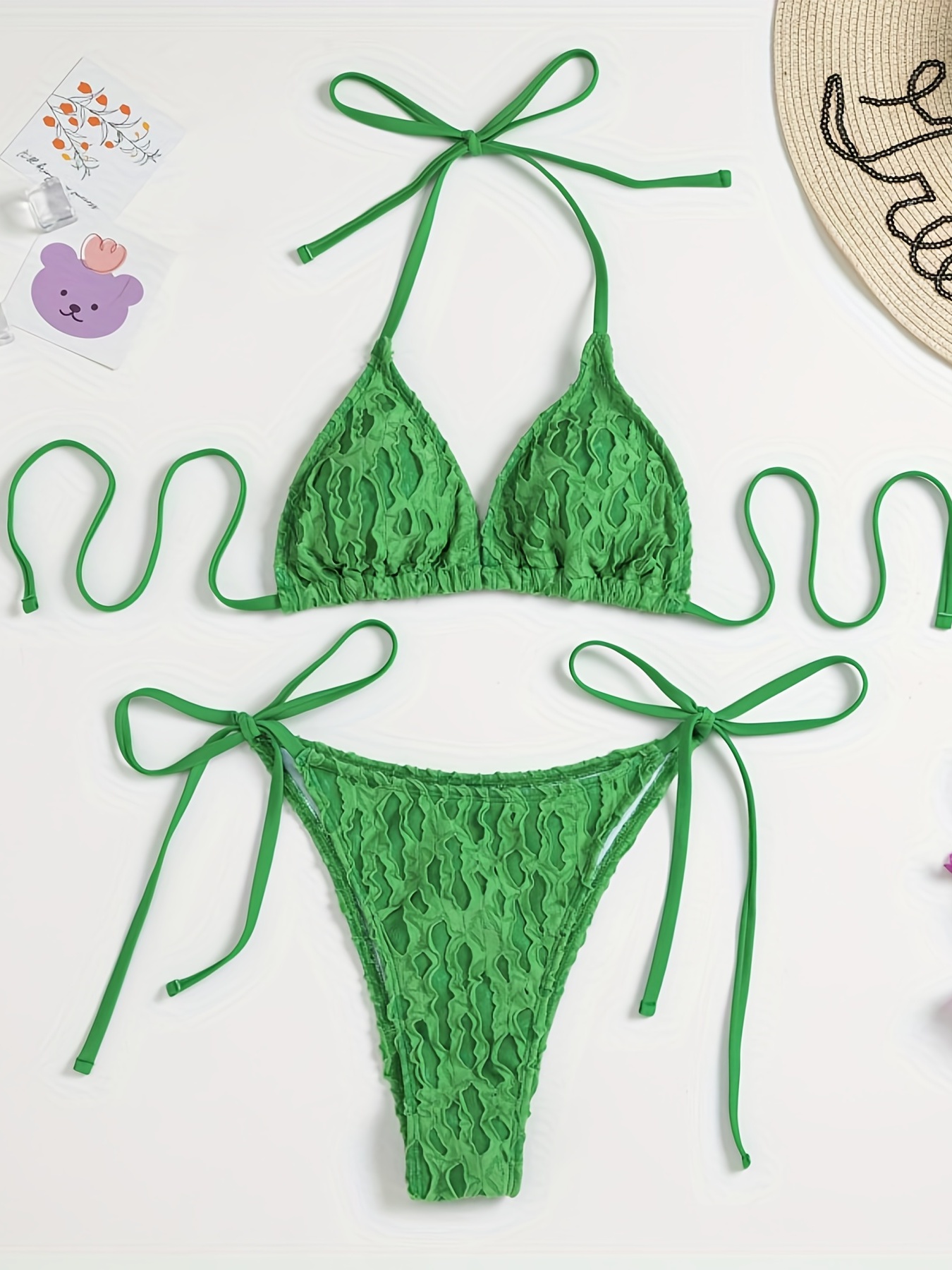 Ruched Green Triangle Bikini Halter Tie Side High Strech - Temu Canada