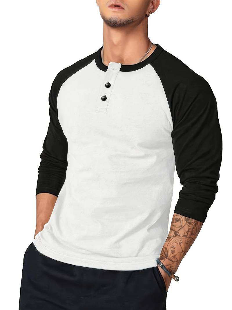 Chemise Henley Homme Manches Longues Raglan - Coupe Ajustée, Polyester/Viscose/Élasthanne