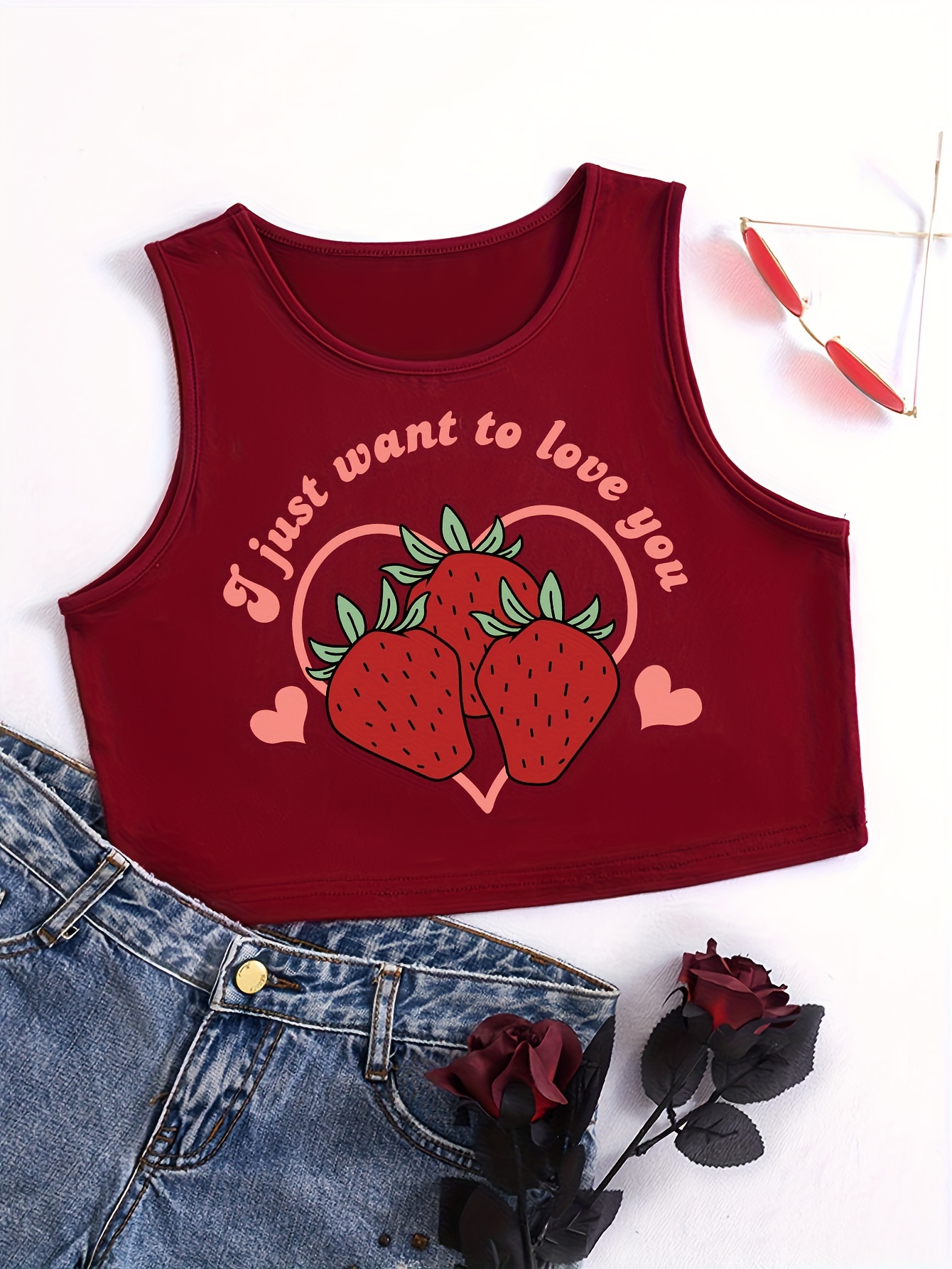 Strawberry Sweet Letter Print Crop Top Cute Sleeveless Crew - Temu