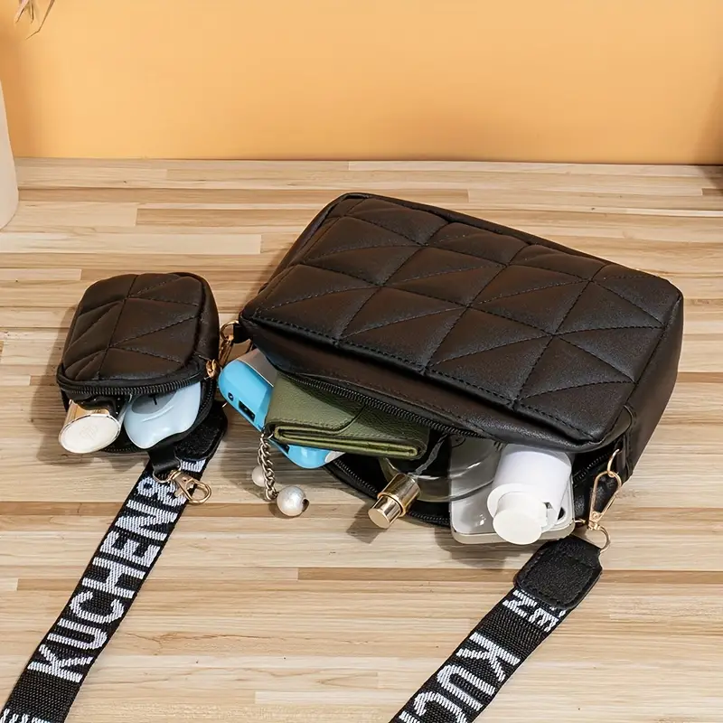 Mini Square Crossbody Bag With A Mini Bag, Pu Leather Textured Bag