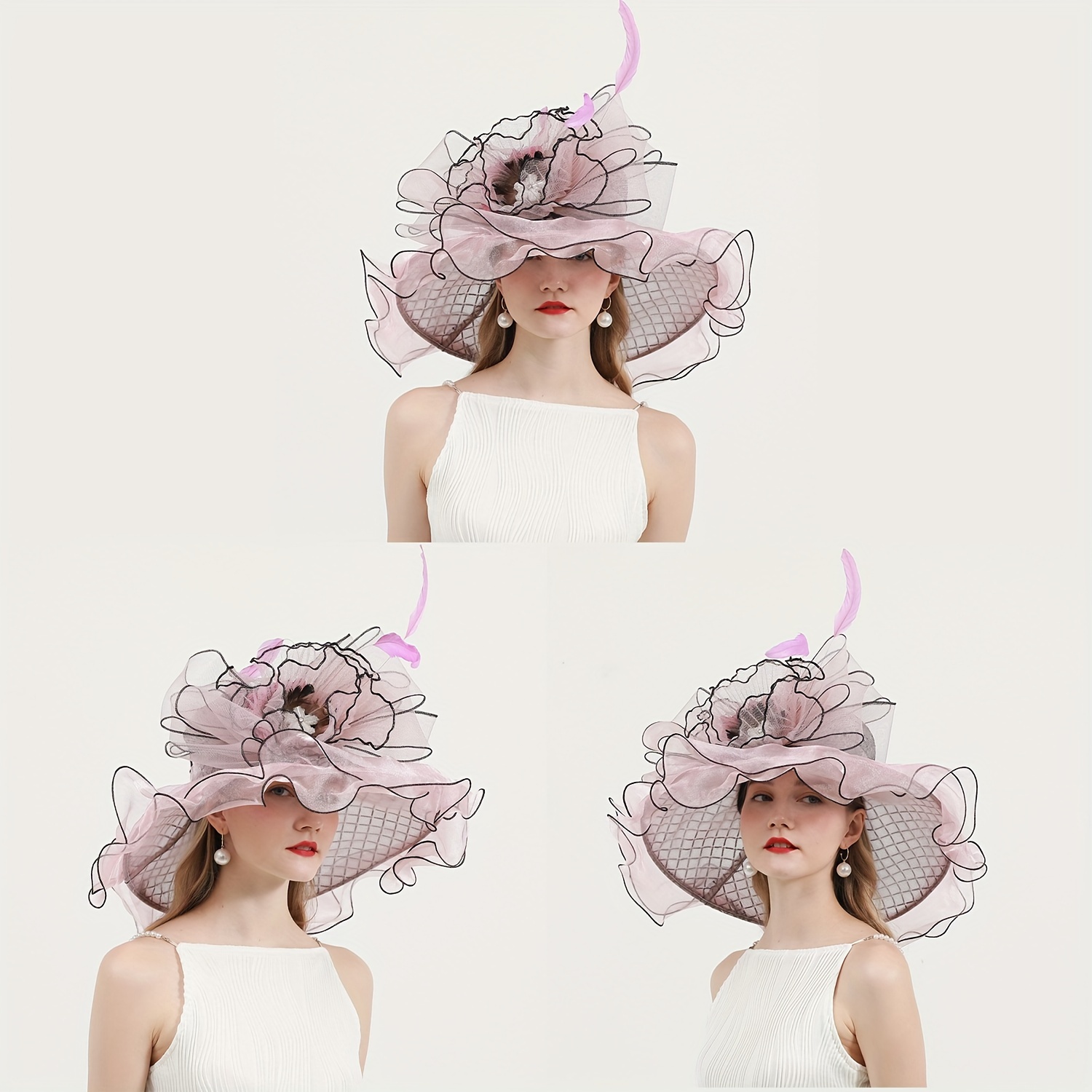 Wide Brim Organza Sun Hat Trendy Mesh Flower Church Wedding - Temu