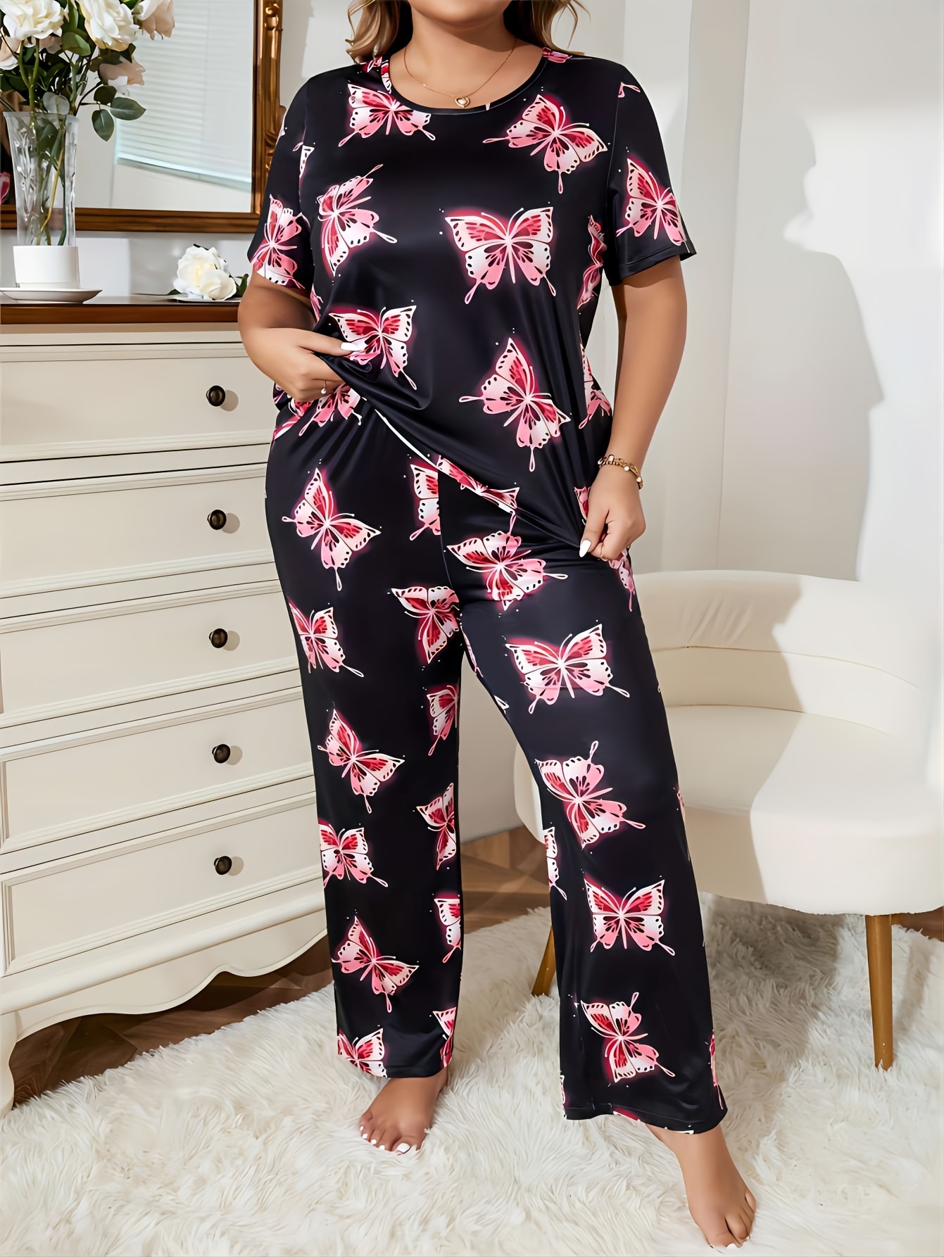Plus Size Casual Lounge Pants Women's Plus Butterfly Print - Temu