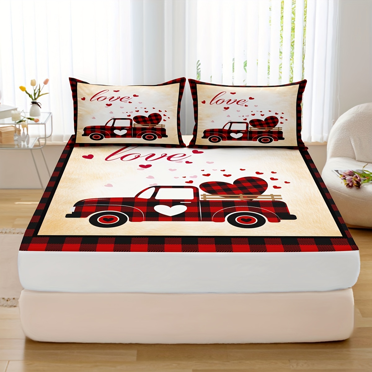 Fitted Sheet (without Pillowcase) Red Heart Print Bedding - Temu