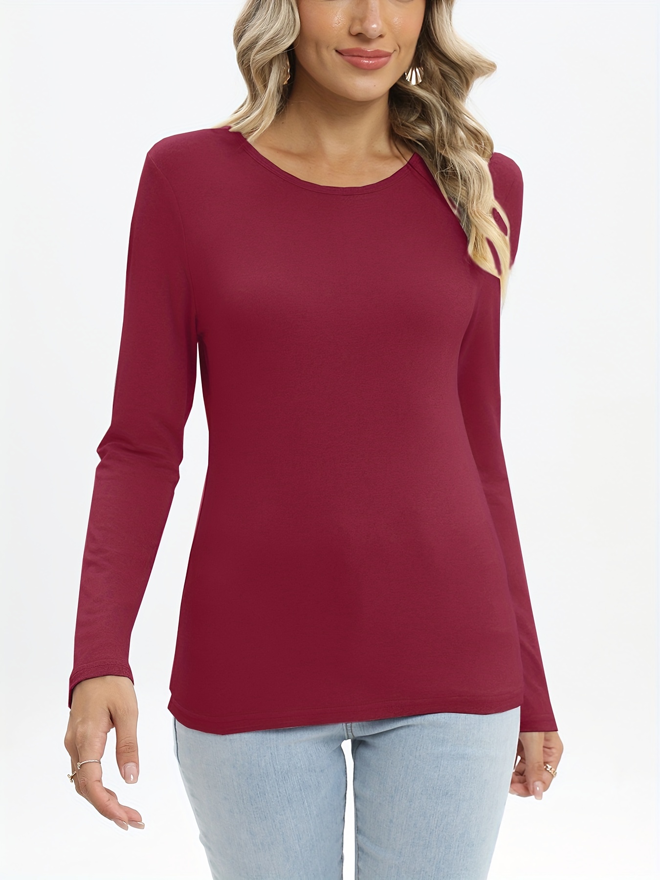 solid crew neck t shirt casual long sleeve lim top for spring fall womens clothing burgundy 4