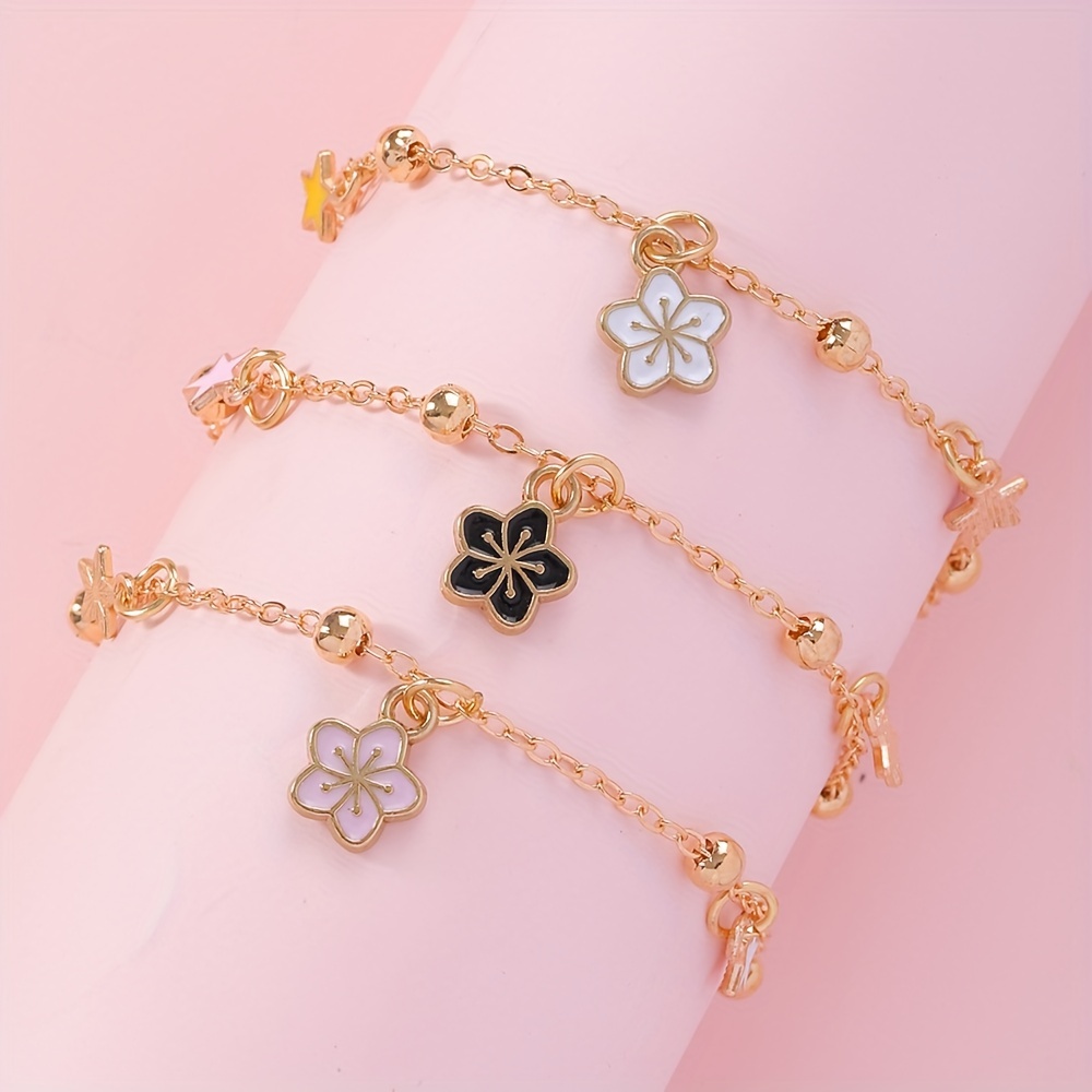

3pcs Cute Oil-dropping Five-pointed Star Daisy Pendant Best Friend Bracelet, Exquisite Holiday Birthday Gift For Friends