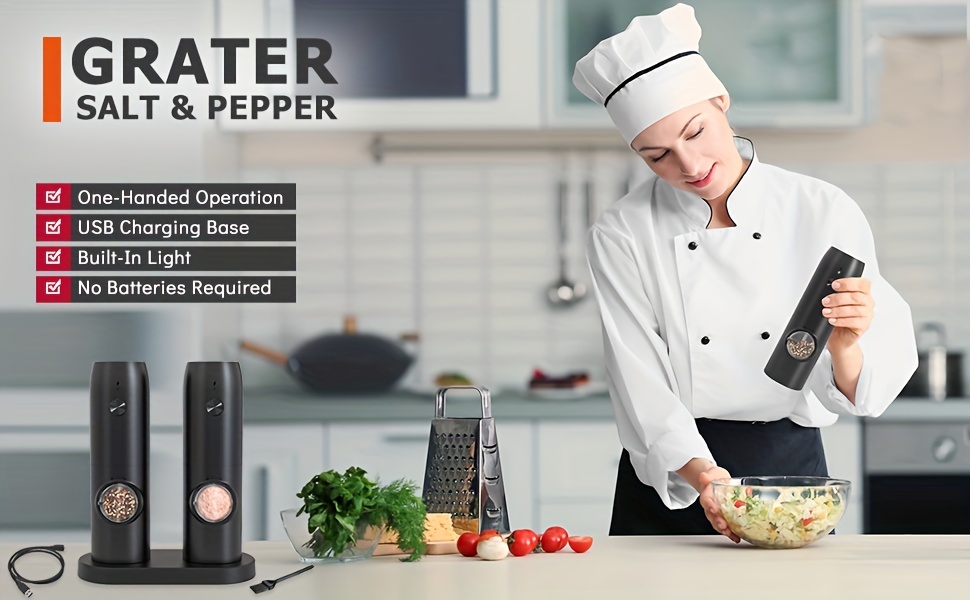 Electric Salt and Pepper Grinder Set USB Rechargeable - USB Type-C Cable,  LED Lights, Automatic Electric Pepper Salt Grinder Mill Refillable,  Adjustable Coarsen…