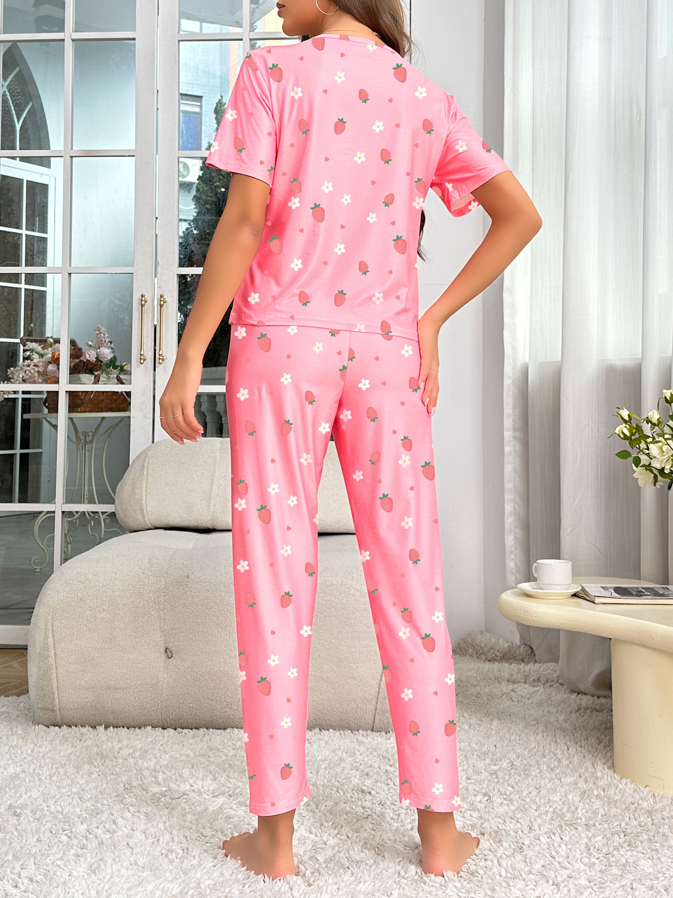 Strawberry Print Pajama Set Short Sleeve Crew Neck Top Temu