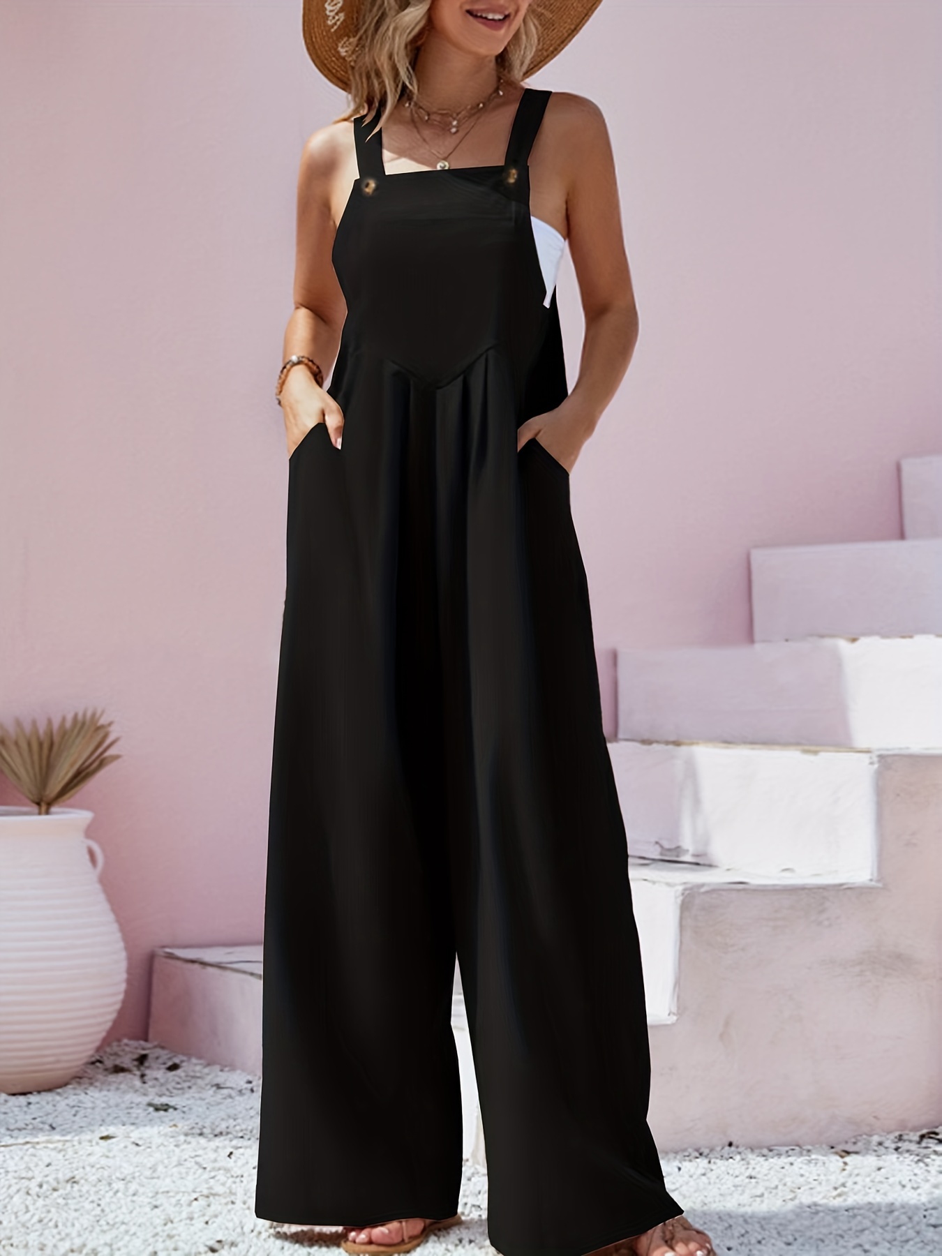 Wide Leg Overall Jumpsuit Casual Button Front Suspender - Temu