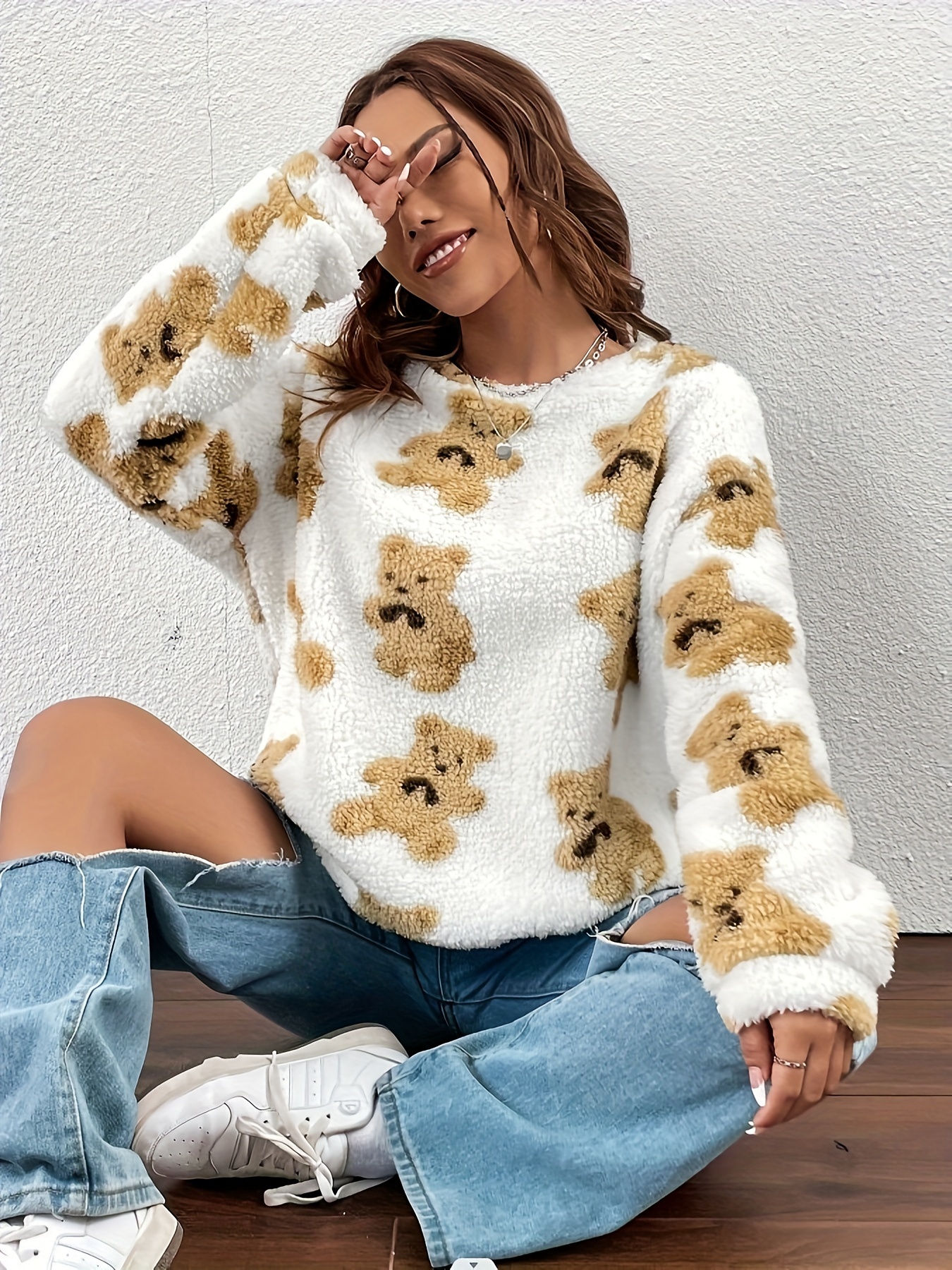 Women Cute Bear Print Quarter Zip Long Sleeve Fleece Sweatshirts