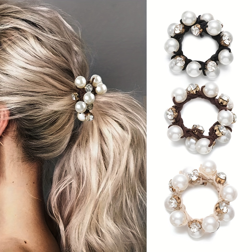 

Fashionable Rhinestone Pearl Hair Ties For Women, Simple And Elegant, Korean Style Popular Hair Bands.