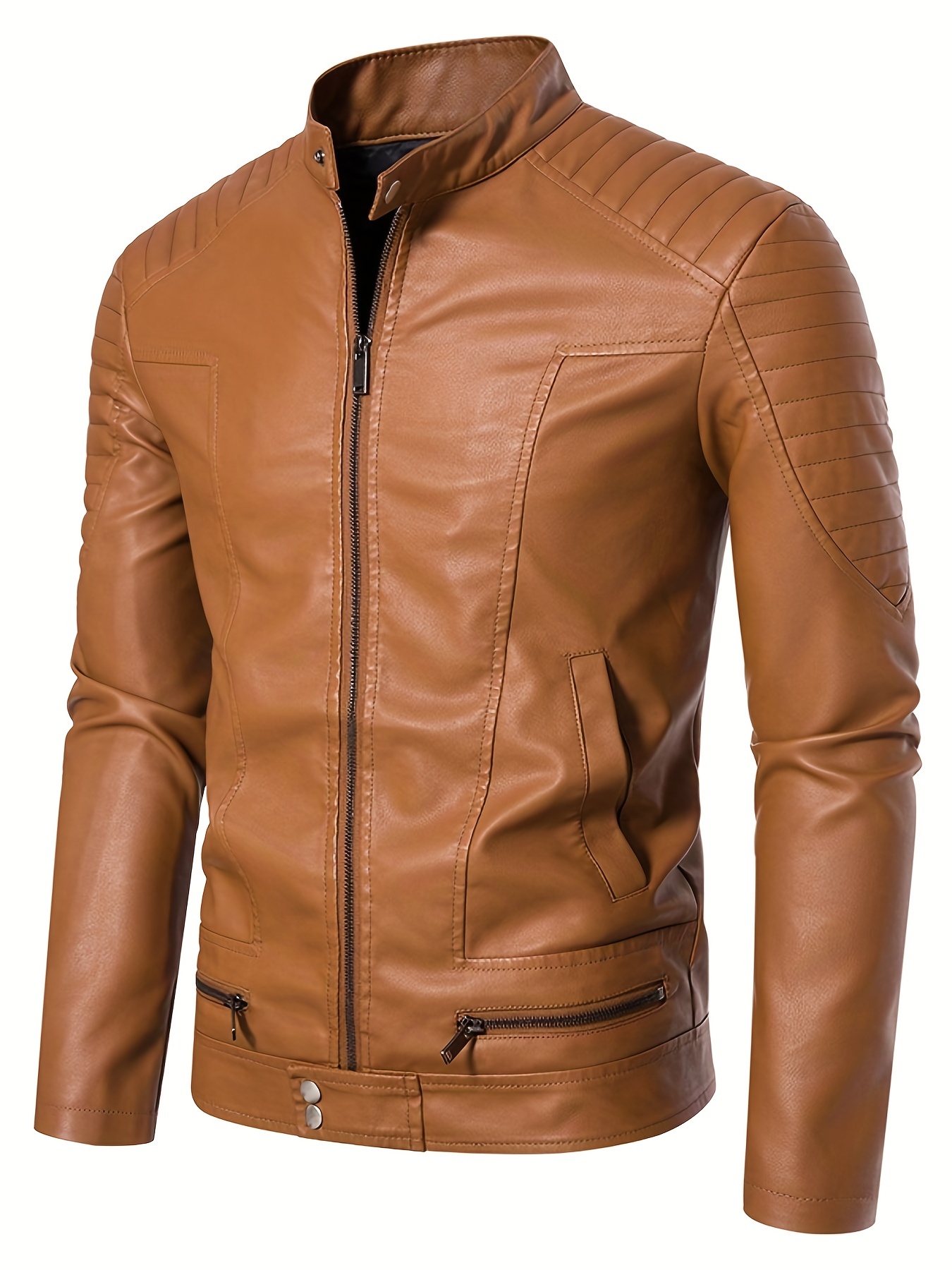 Classic Design Pu Jacket Men's Casual Solid Color Zip Stand - Temu