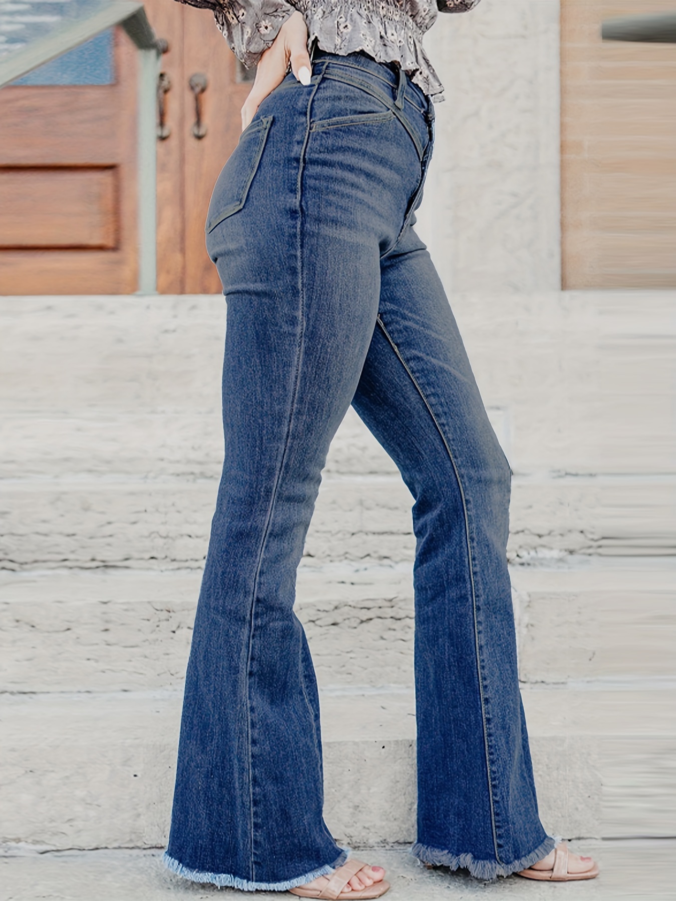 Plus Size Casual Jeans, Women's Plus Solid Raw Trim High Rise Button Fly  Pocketed Slight Stretch Flare Leg Jeans