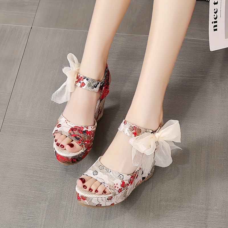 Women Summer Wedge Sandals Floral Bowknot Platform High Heels Ladies Shoes  New